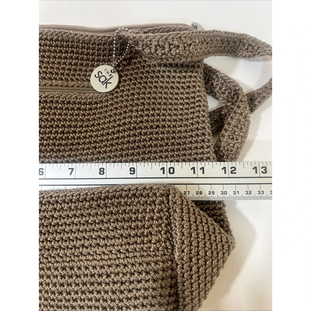 The Sak Crochet Taupe Shoulder Bag Solid  Lined Zip Silver Charm Boho Whimsical